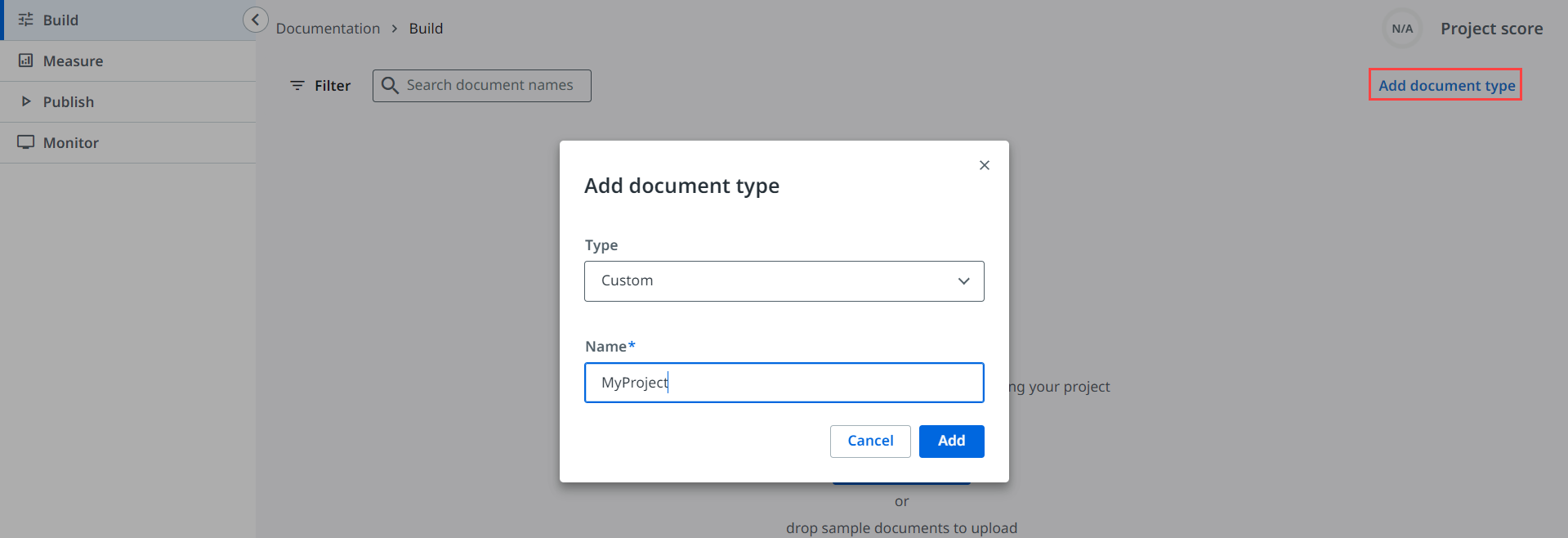 Captura de pantalla de la interfaz Añadir tipo de documento.