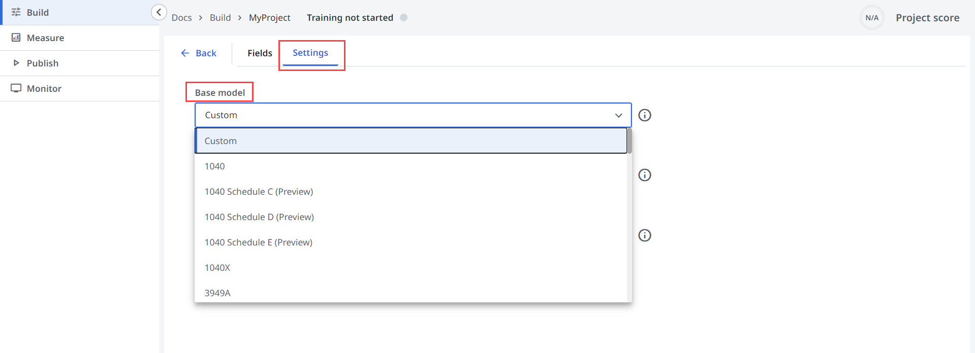 Captura de pantalla de la lista desplegable Modelo base.