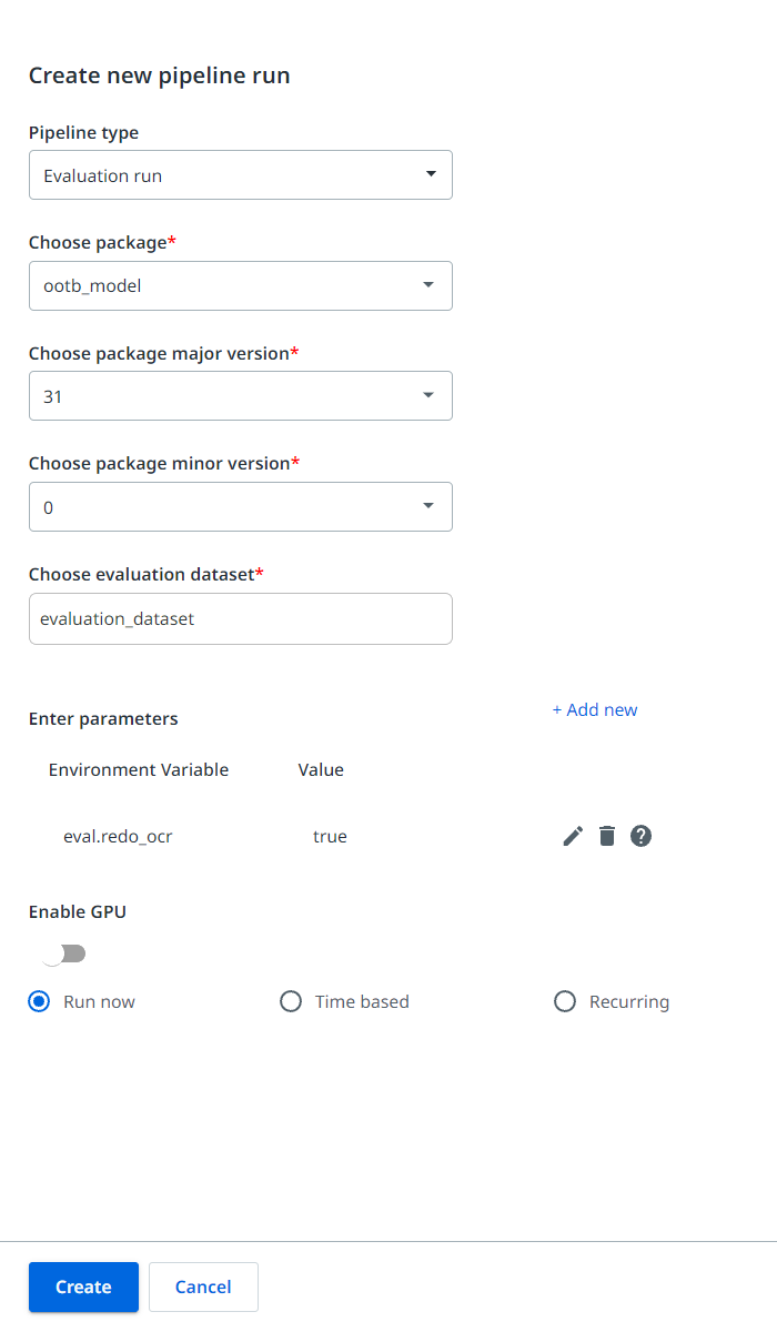 Screenshot of the Create new pipeline run interface.