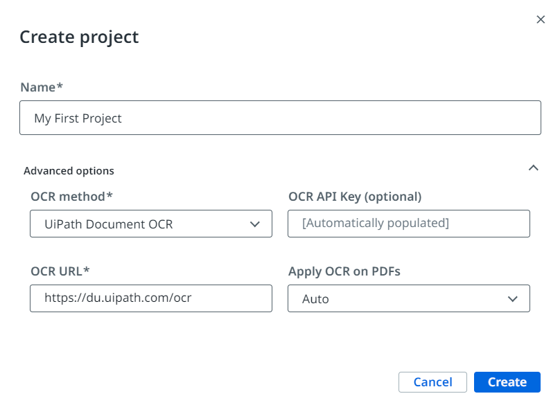 Captura de pantalla de la interfaz de Crear proyecto.