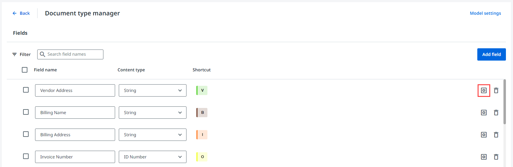 Capture d'écran de l'interface Gestionnaire de types de documents.