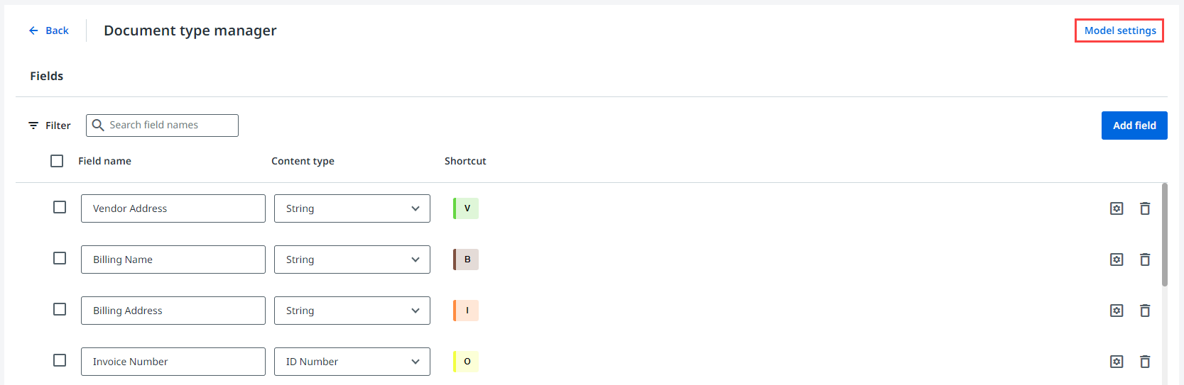 Capture d'écran de l'interface Gestionnaire de types de documents.