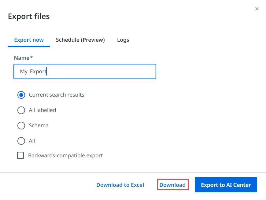 Captura de pantalla de la interfaz Exportar archivos.