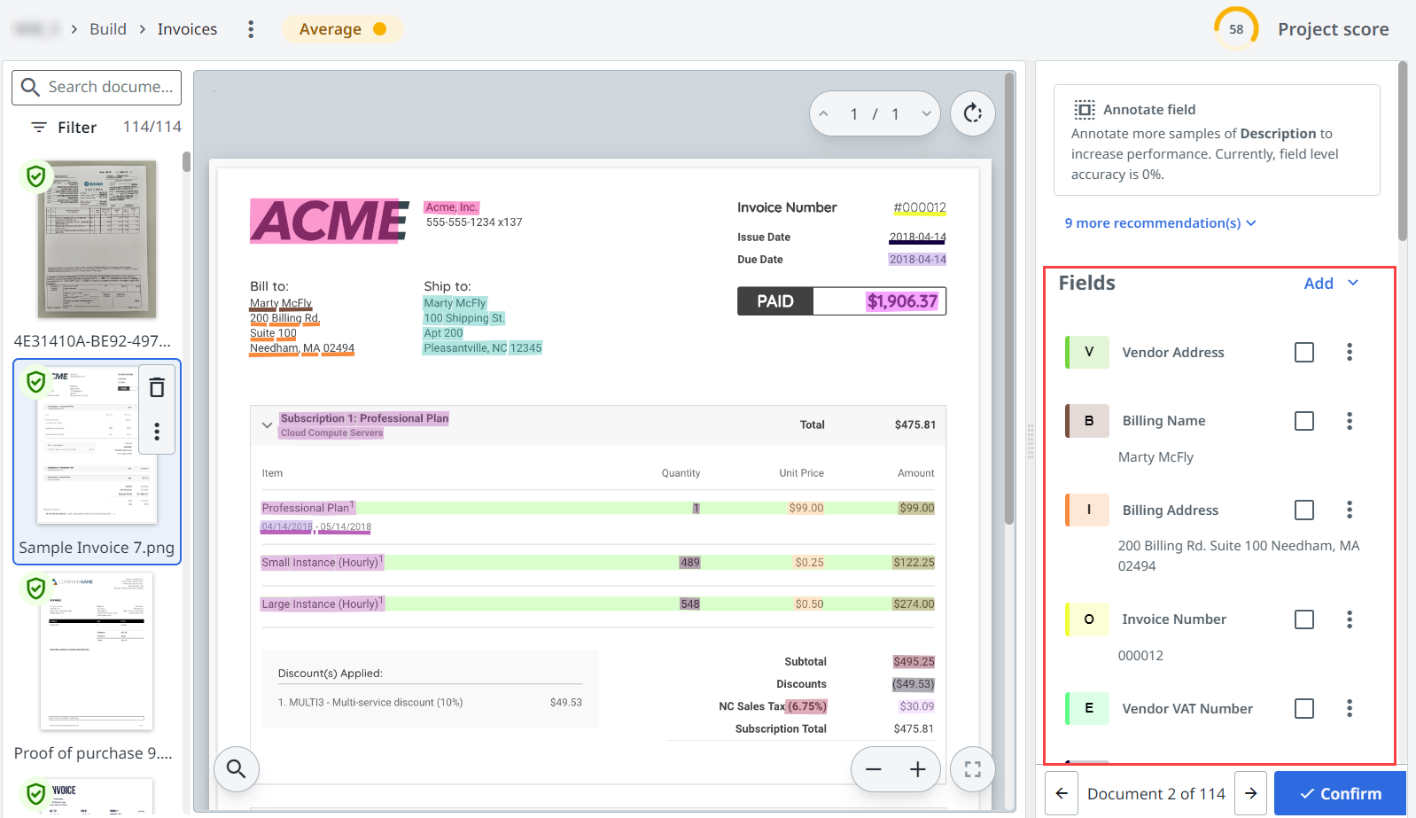 Screenshot of the Fields menu.