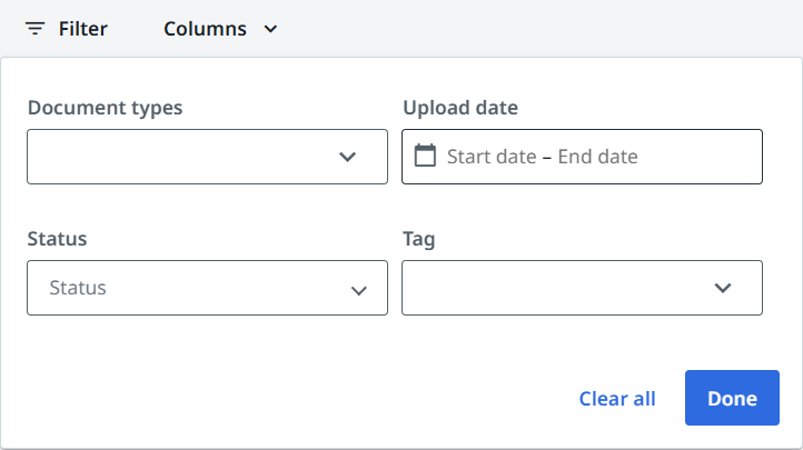 Capture d'écran de l'interface Filtrer les documents.