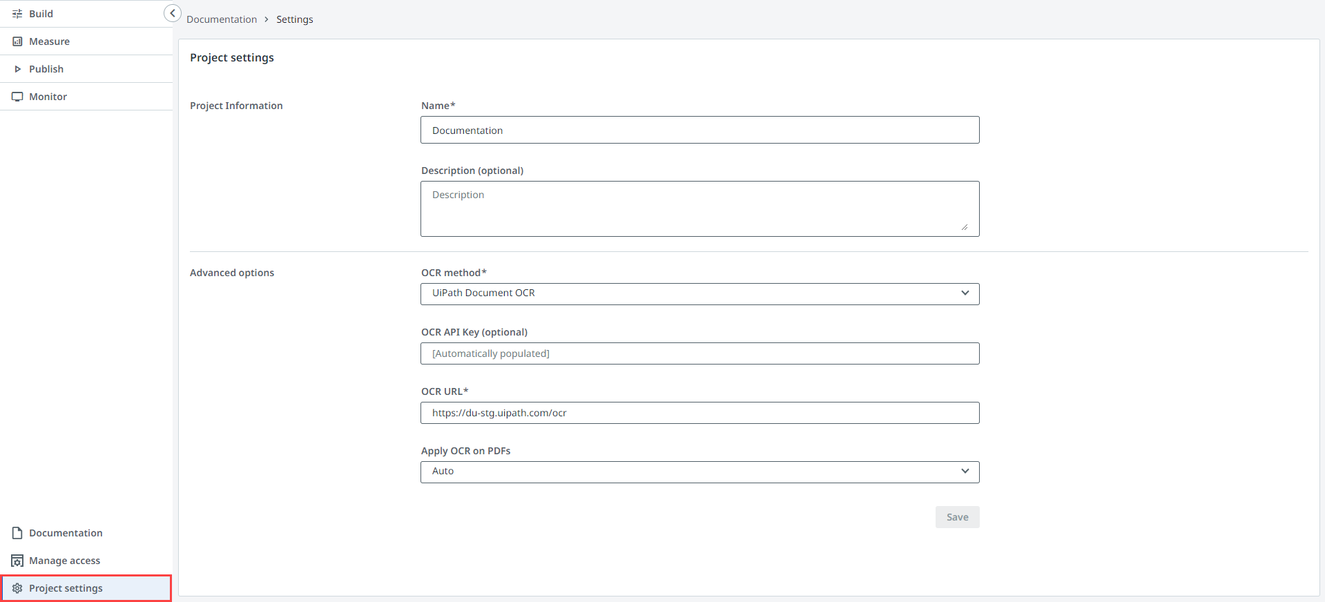 Captura de pantalla de la interfaz de configuración del proyecto.