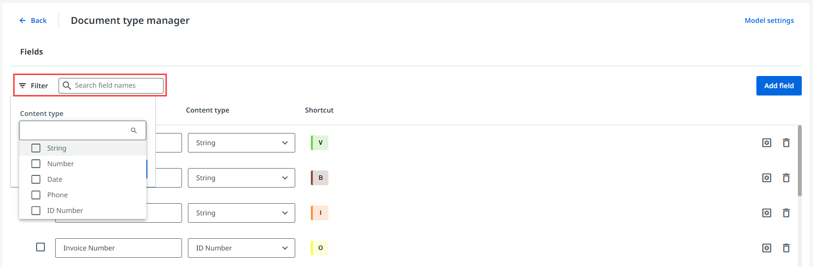 Capture d'écran de l'interface Nom des champs de recherche.