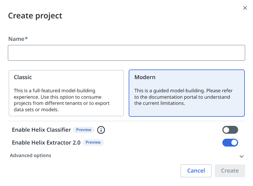 Screenshot of the Create project dialog with the Enable Helix Extractor 2.0 toggle turned on.