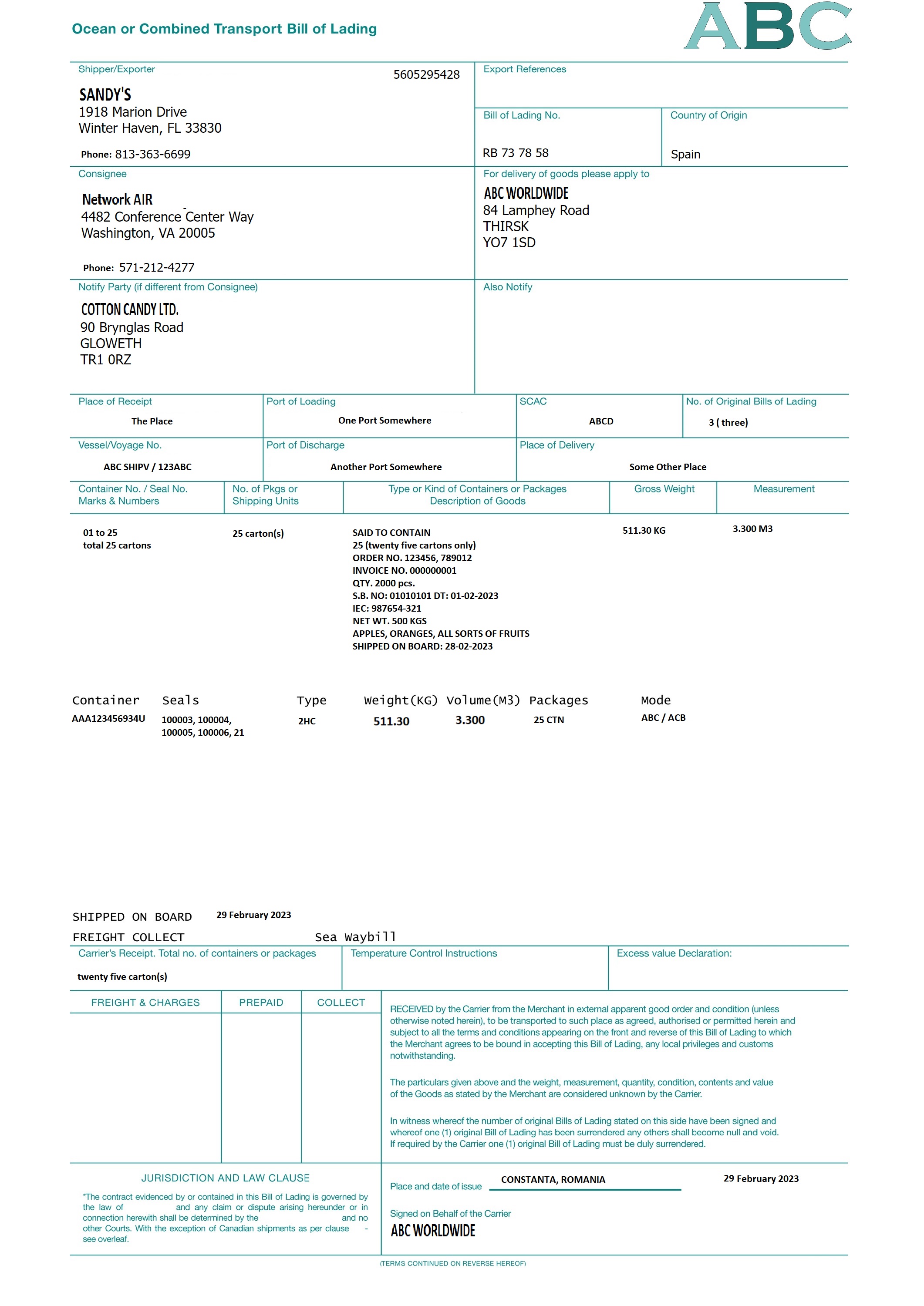 Arquivo de amostra de Conhecimento de embarque