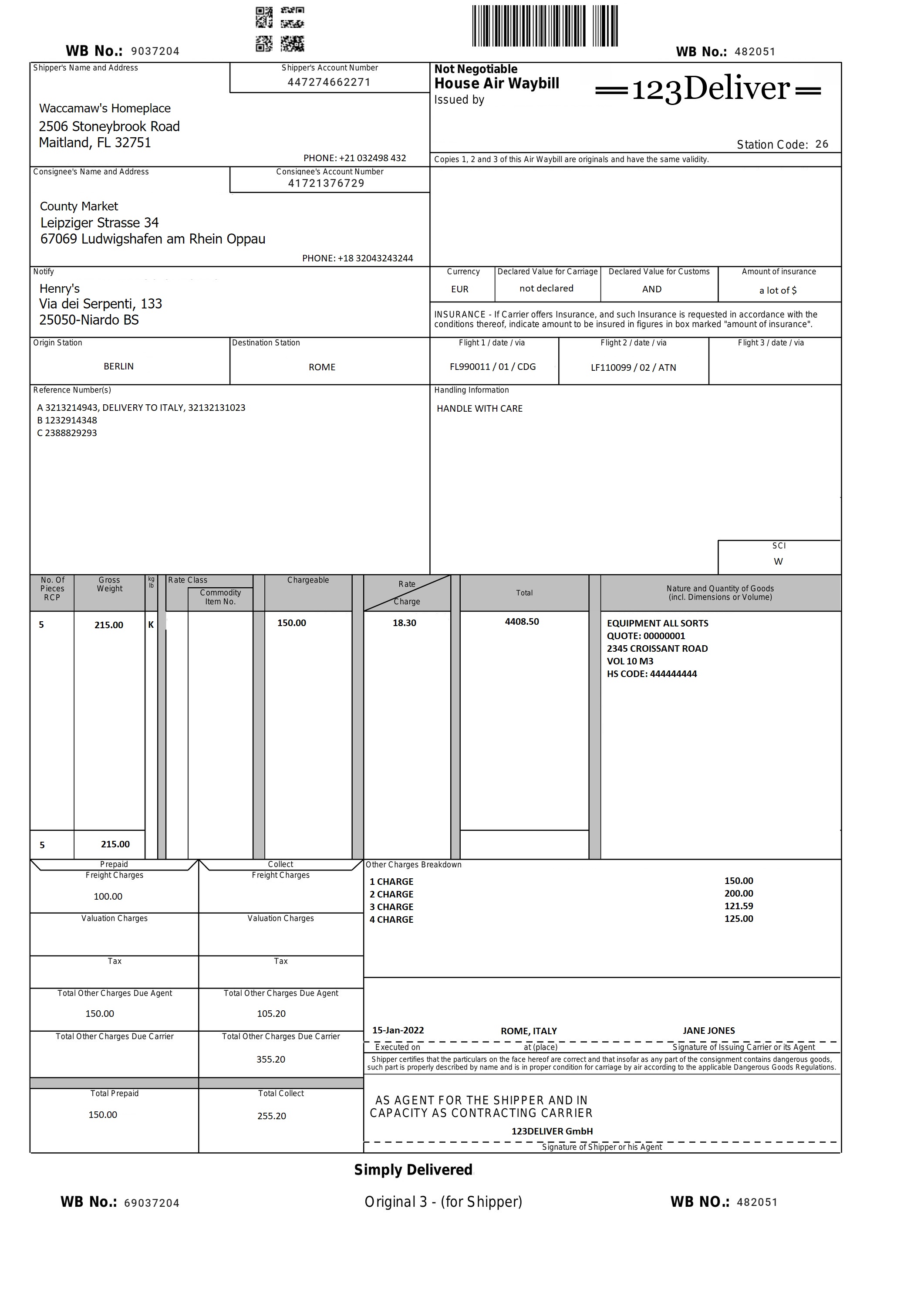 Arquivo de amostra de Conhecimento de embarque