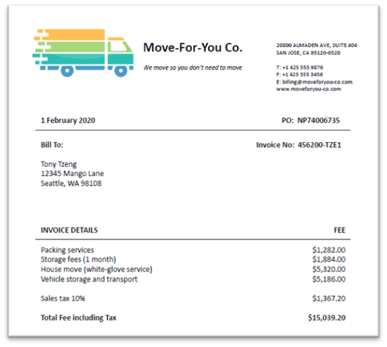 包含账单地址、收货地址、发票编号、发票日期、单价、总价或签名等信息的发票示例。