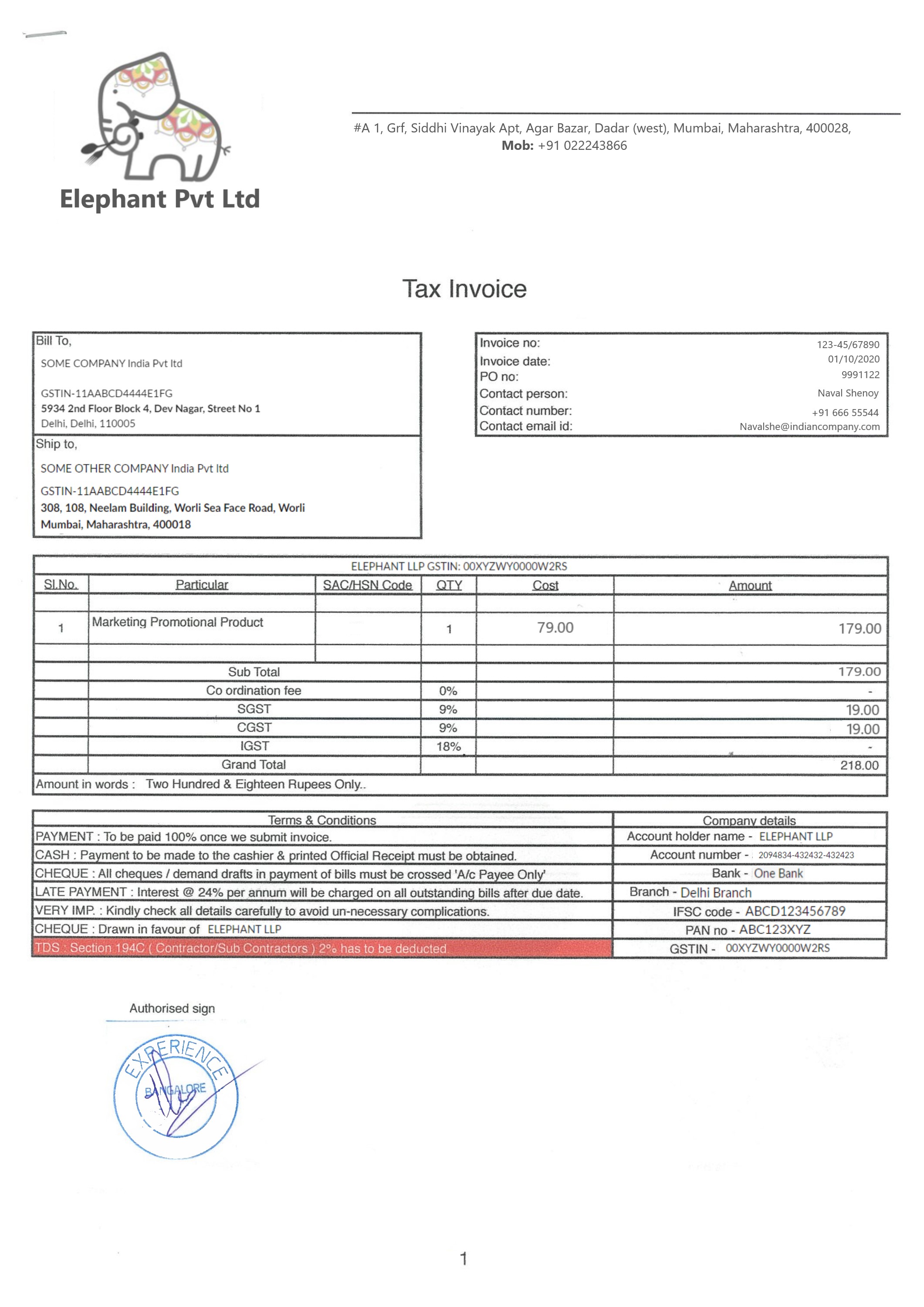 Archivo de ejemplo de Facturas de la India