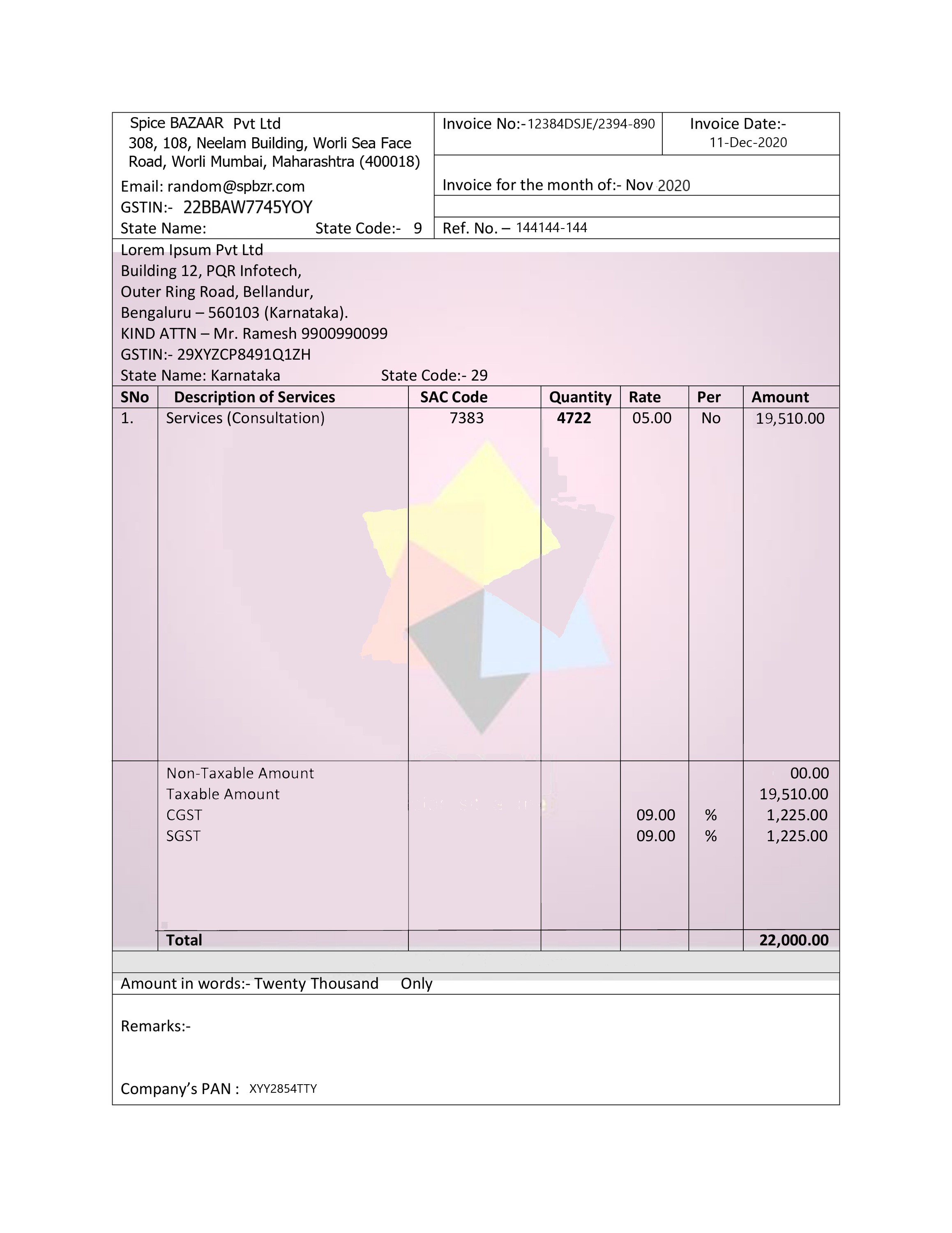 Archivo de ejemplo de Facturas de la India