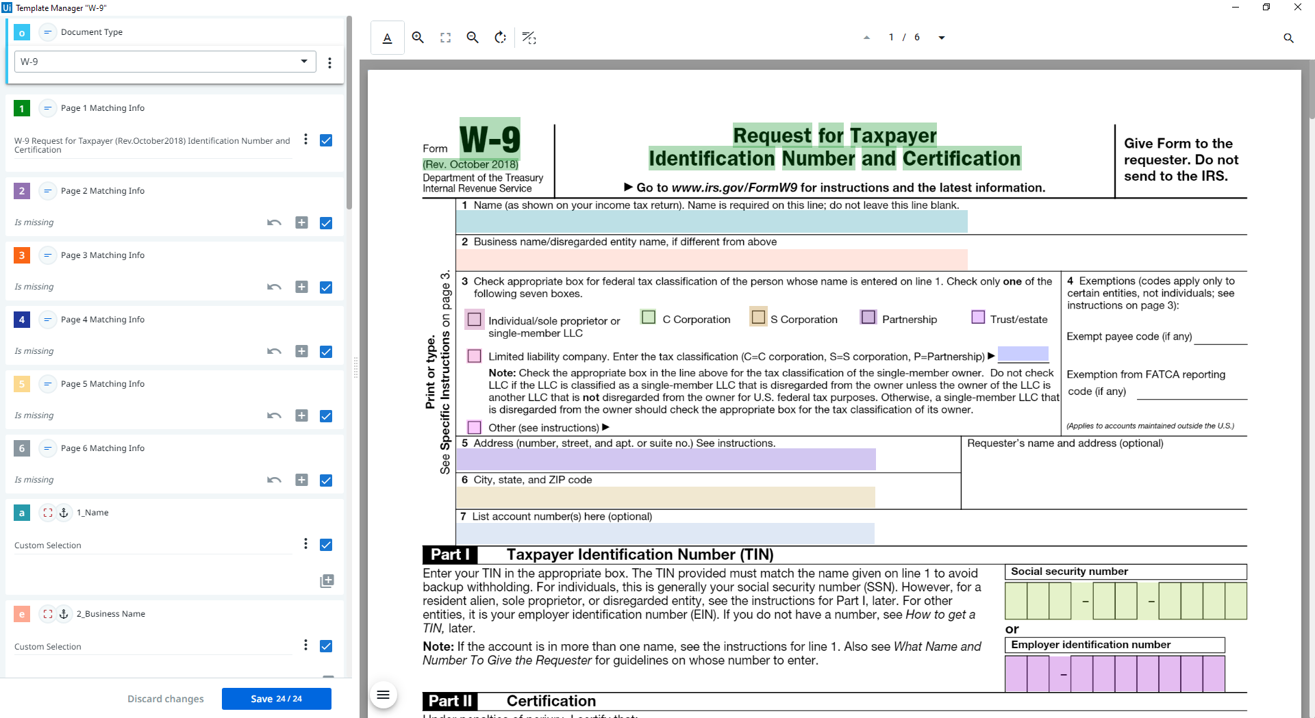 描述 Template Manager 中 W-9 表单的屏幕截图。
