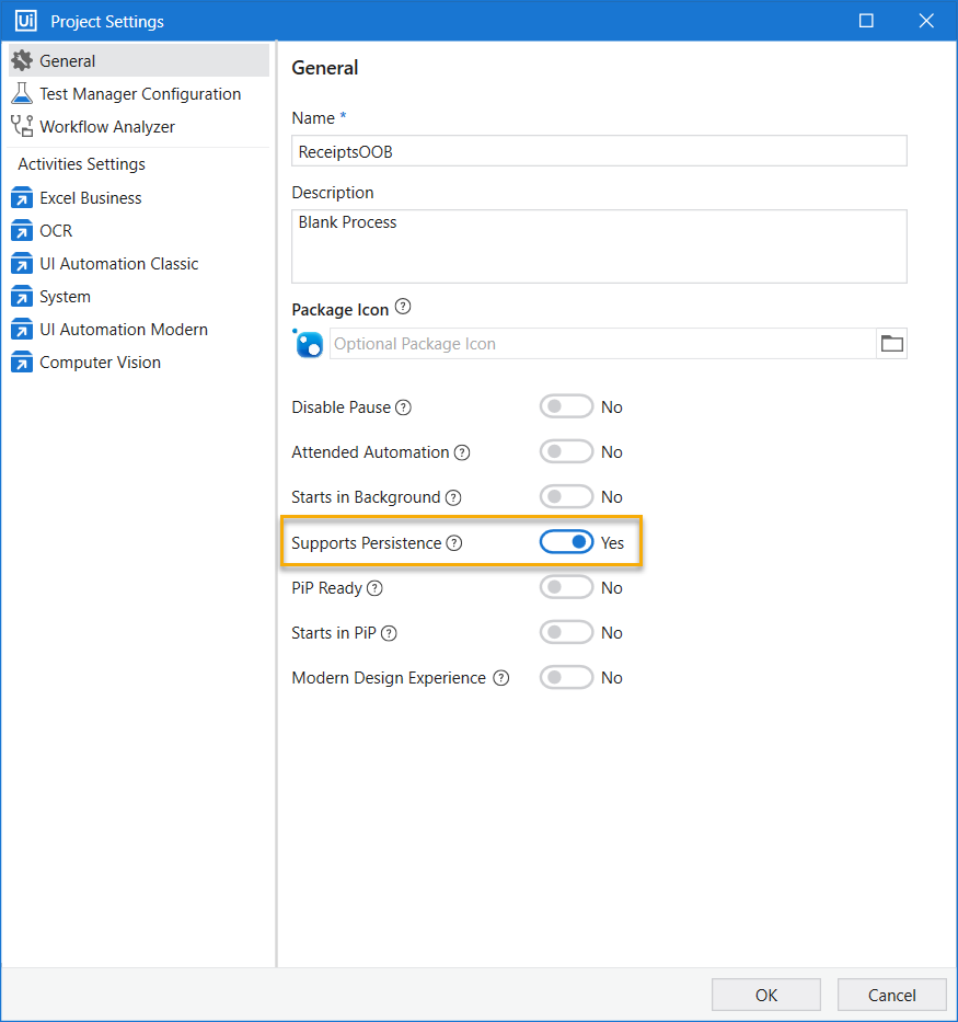 [プロジェクト設定] インターフェイスを示すスクリーンショット。[永続性をサポート] トグル ボタンが強調表示されています。