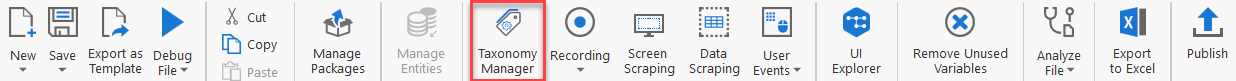 Captura de tela descrevendo a barra de ferramentas do UiPath Studio com o Taxonomy Manager destacado.