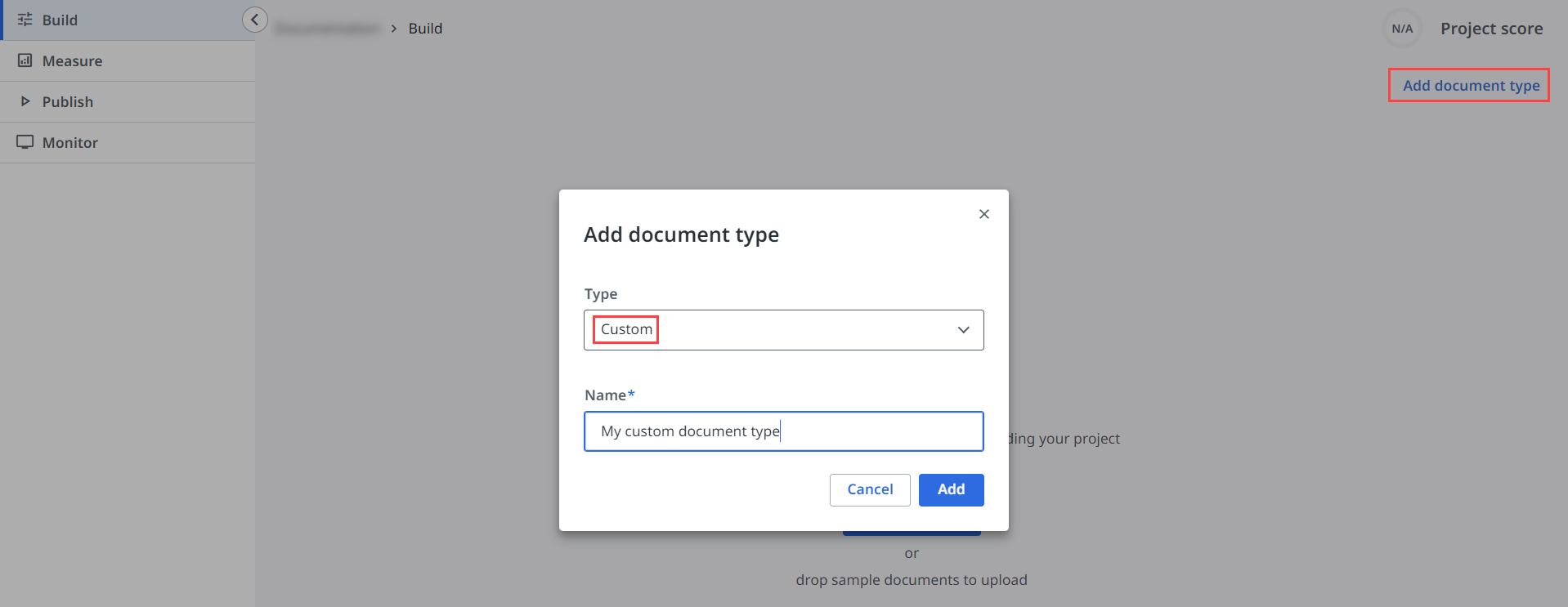 Screenshot of the Add document type menu.