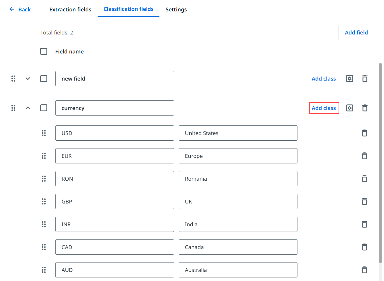 “分类字段”界面的屏幕截图。