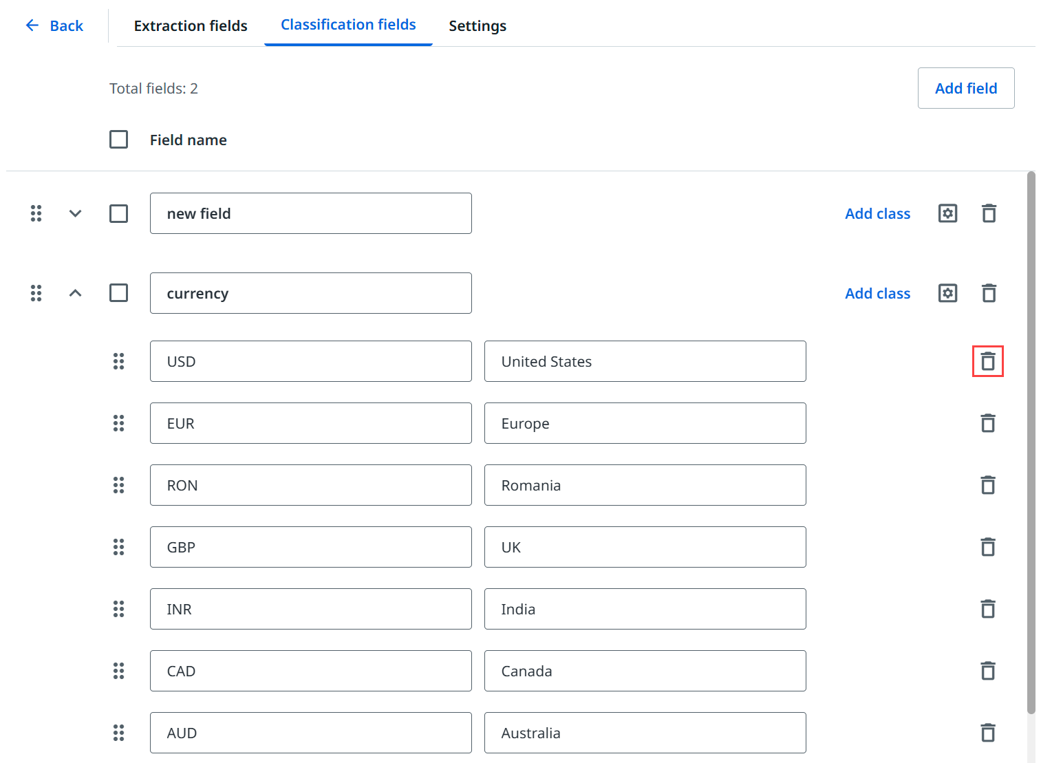 “分类字段”界面的屏幕截图。