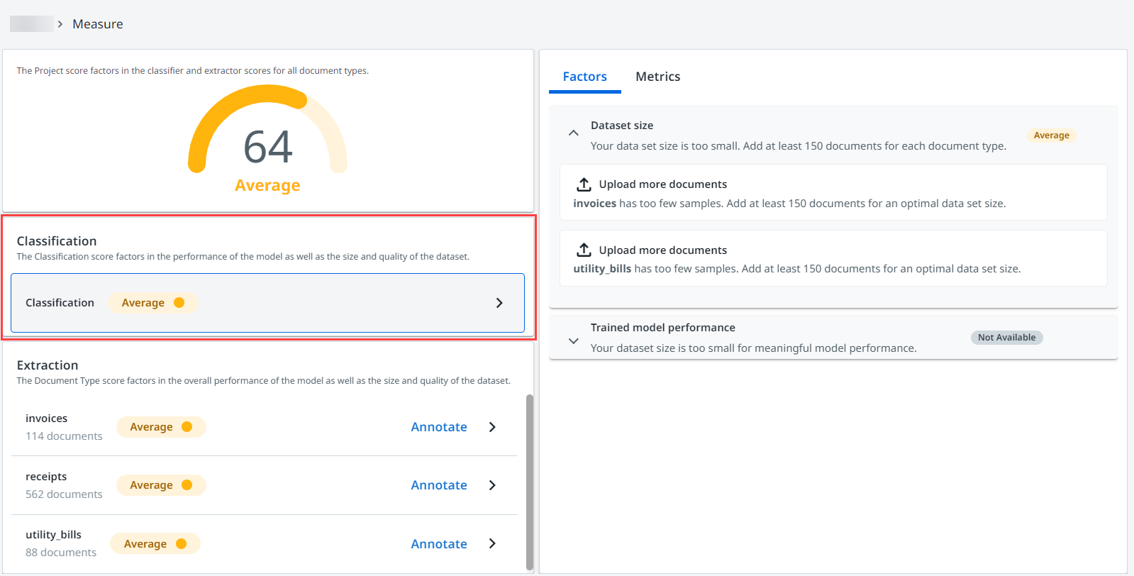 Captura de tela da interface de medição de Classificação.