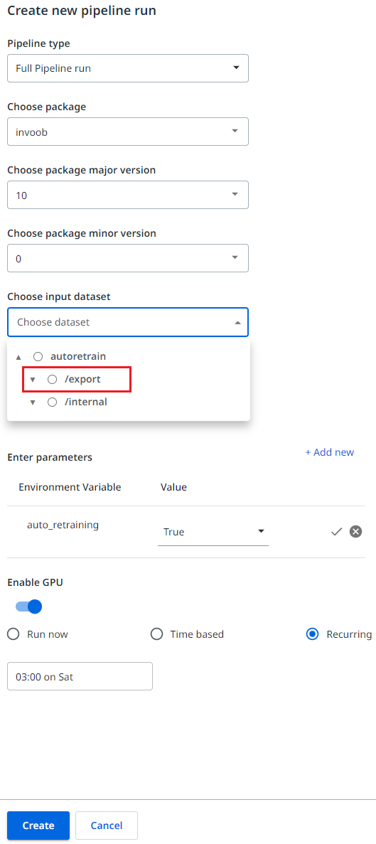[新しいパイプライン実行を作成] インターフェイスのスクリーンショット