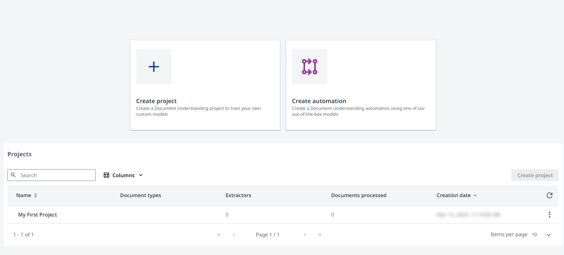 Captura de pantalla de la interfaz de la página principal de Document Understanding.