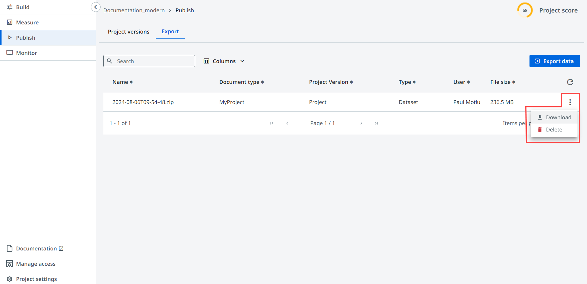 Captura de tela da interface Exportar.