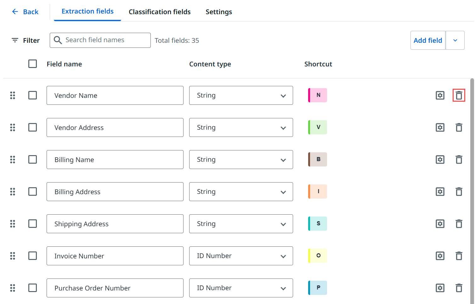 “提取字段”界面的屏幕截图。