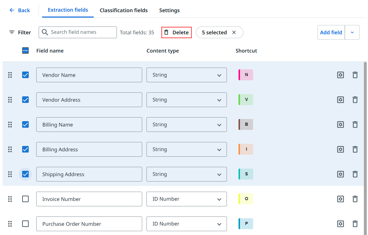 “提取字段”界面的屏幕截图。