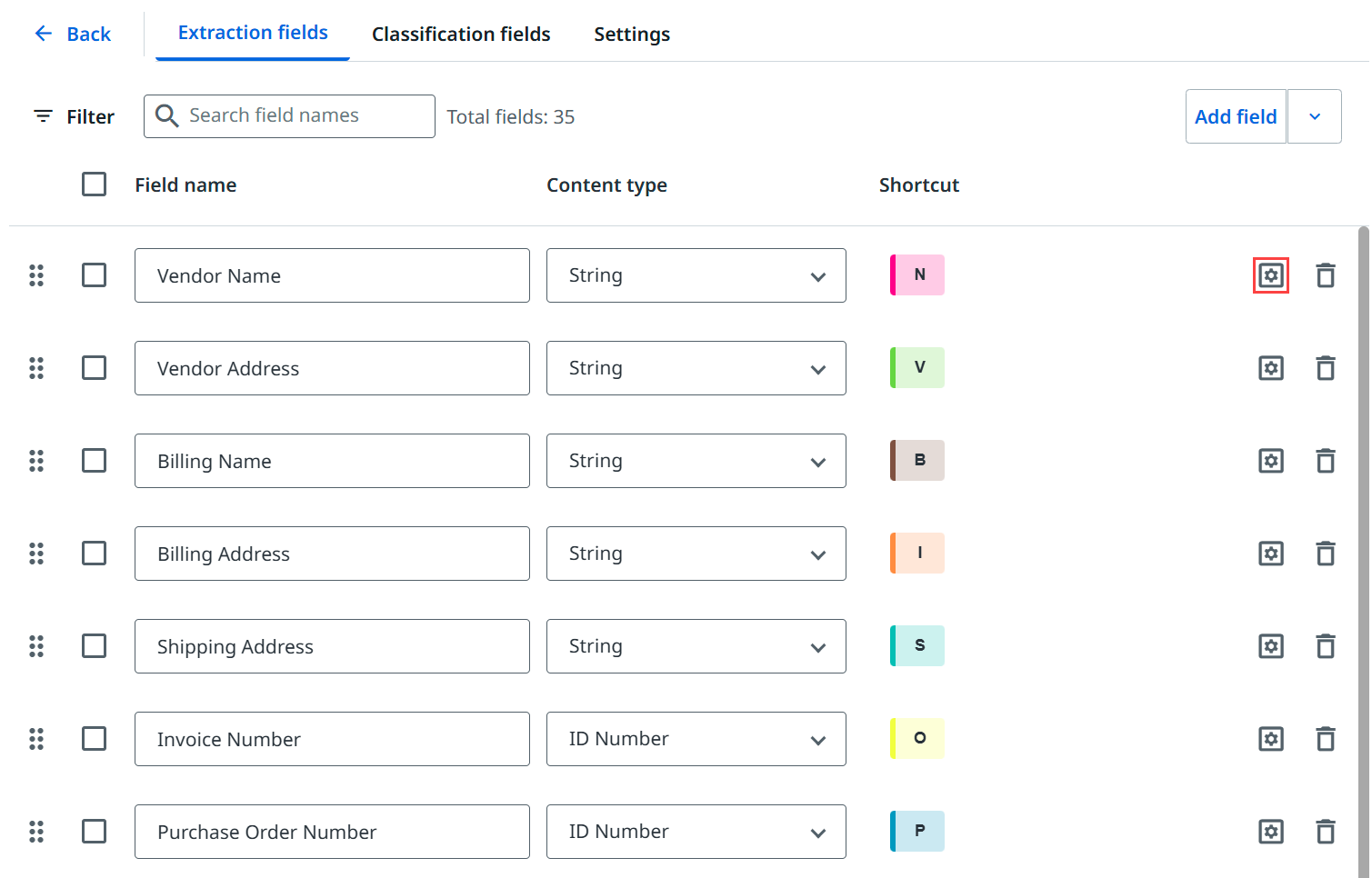 “提取字段”选项卡界面的屏幕截图。