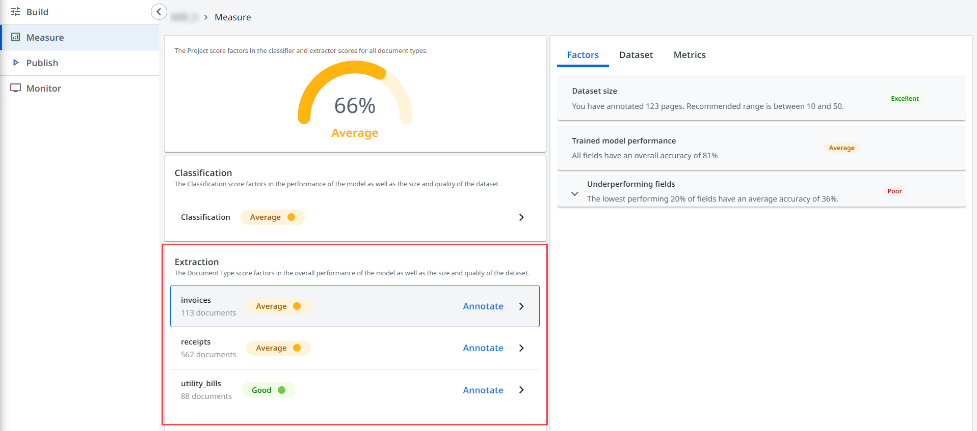 Captura de tela da interface de medição de extração.