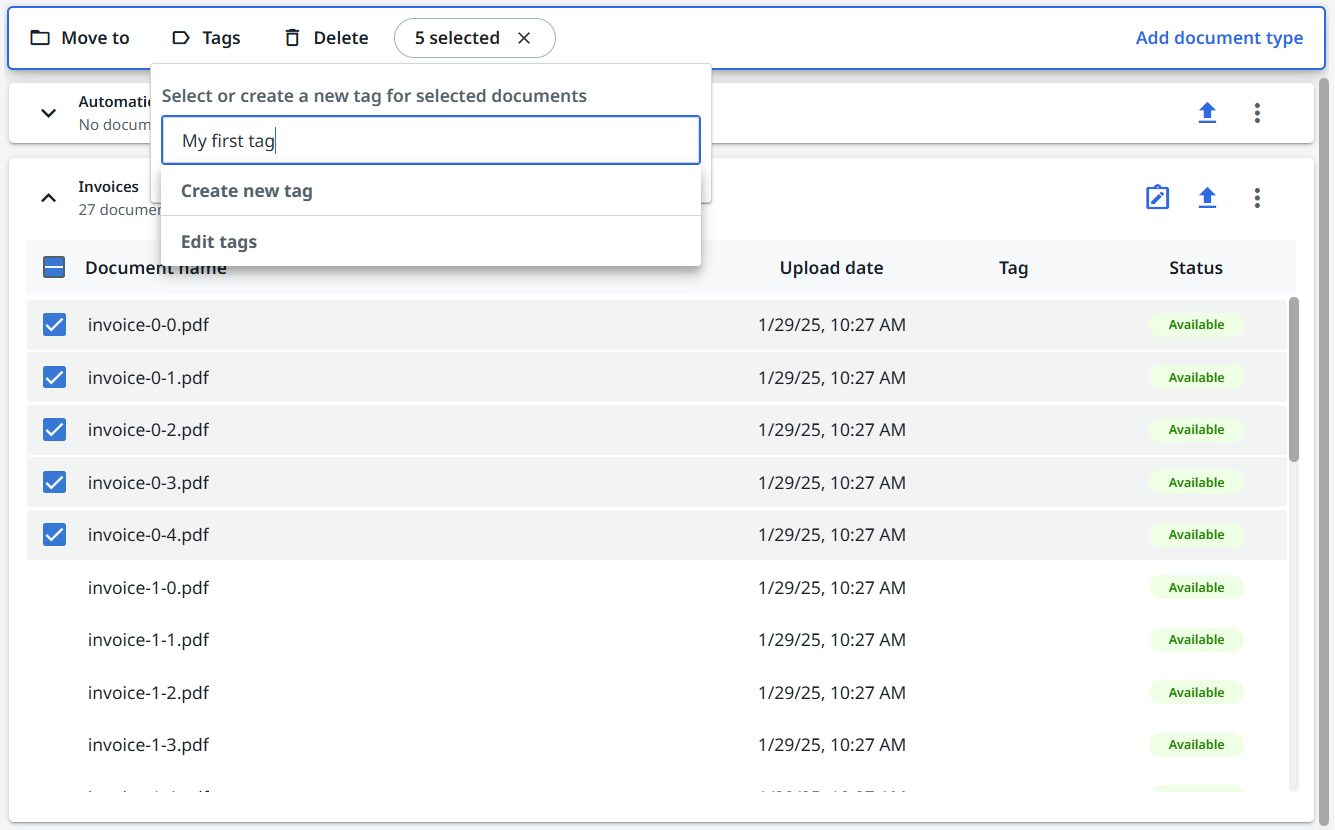 “为选定文档选择或新建标签”界面的屏幕截图。