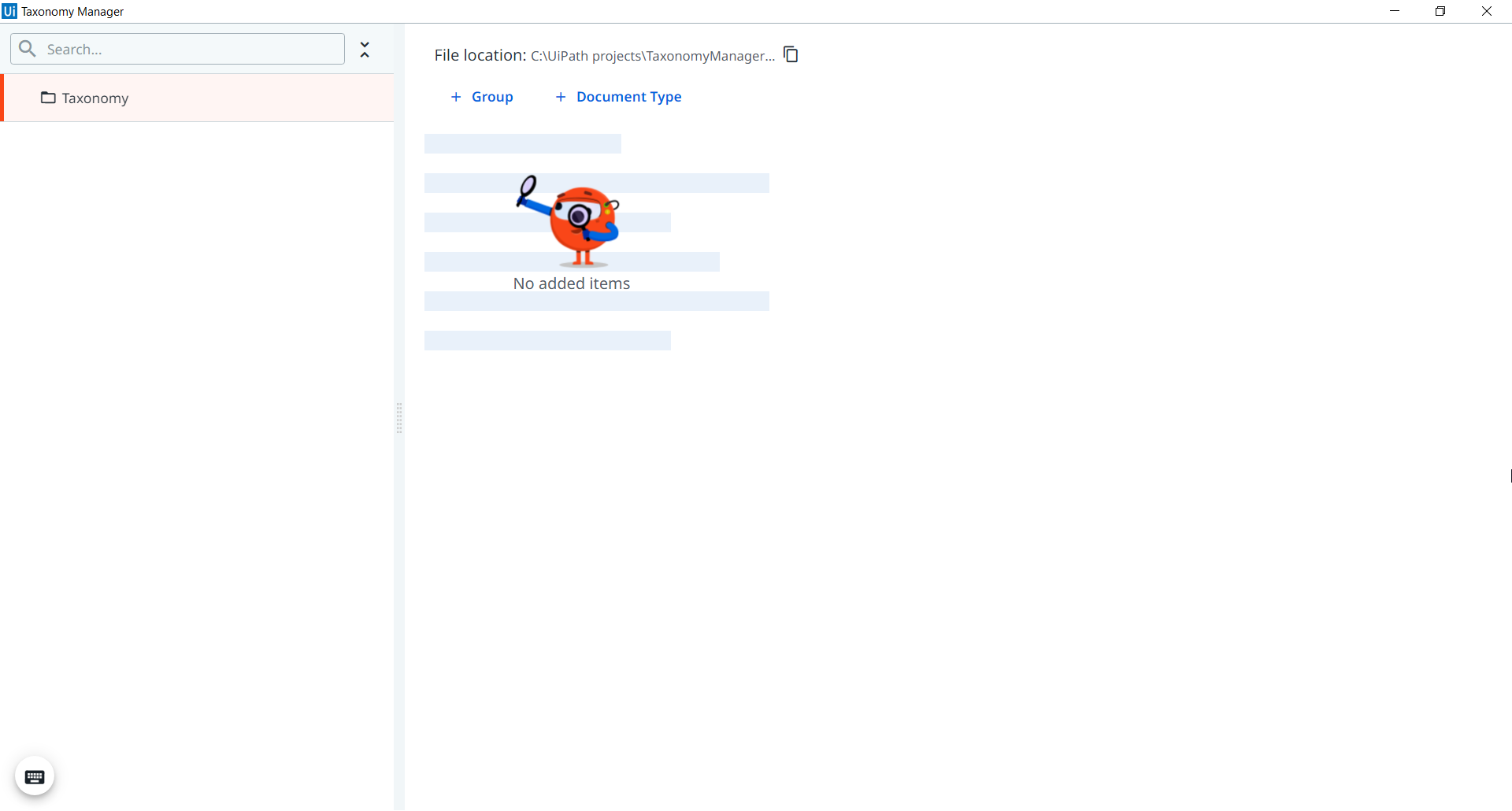 O Gerenciador de taxonomia antes de mapear quaisquer tipos ou campos de documentos