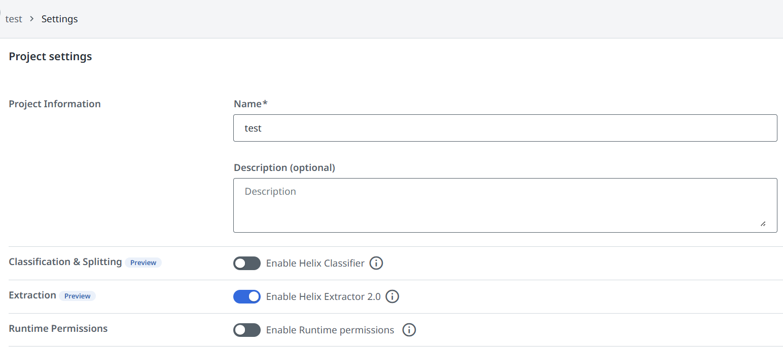 Screenshot of Project settings with the Enable Helix Extractor 2.0 toggle turned on under the Extraction section.