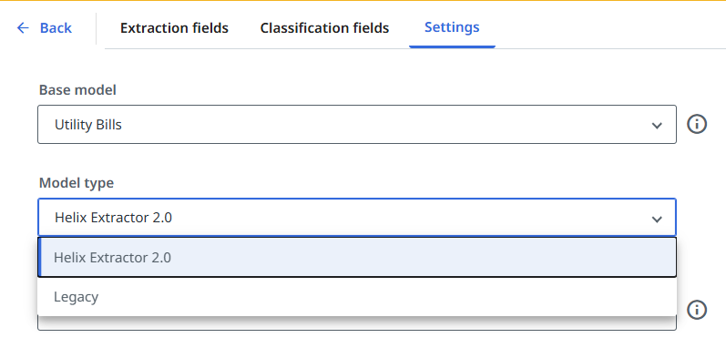 Screenshot of the Settings tab in Document Type Manager showing the Model type drop-down list with Helix Extractor 2.0 selected.