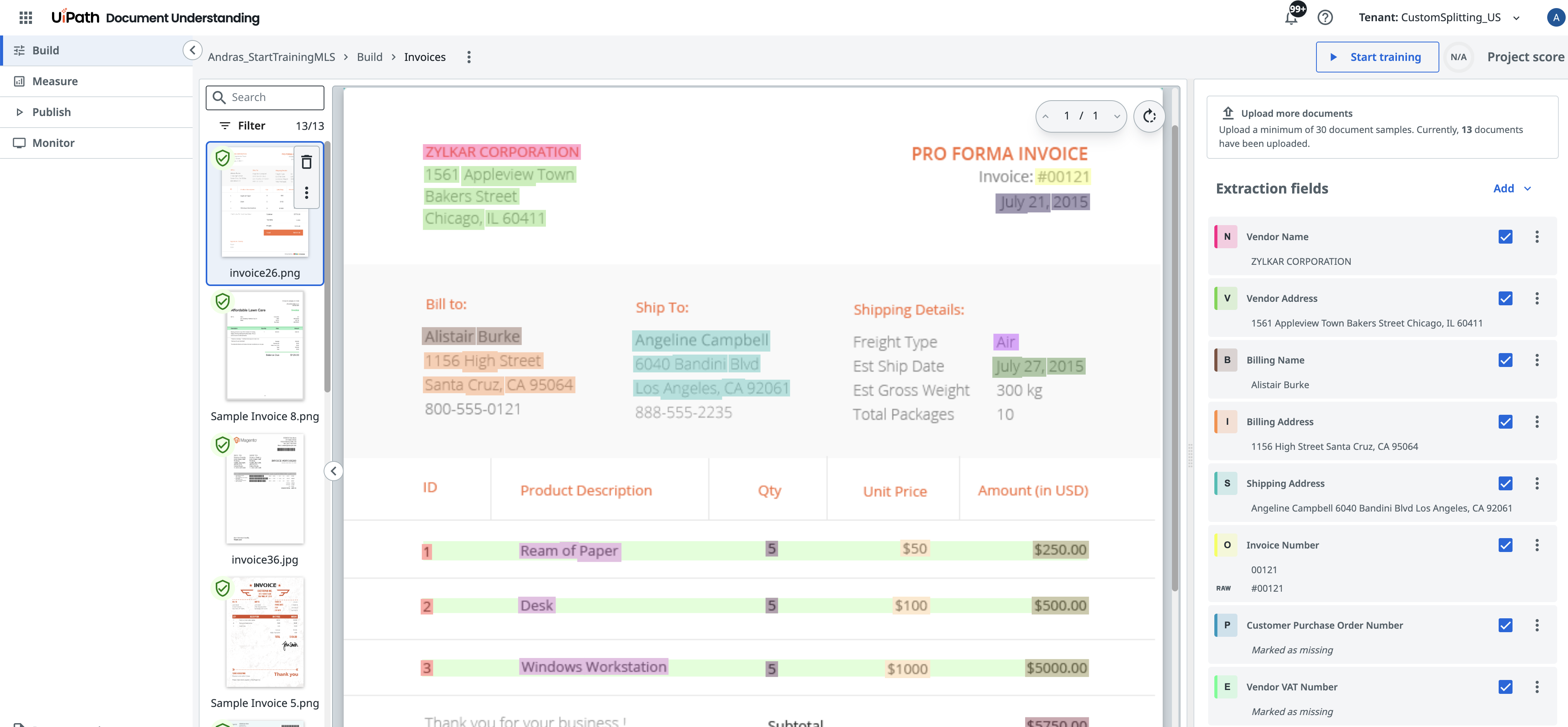Start Training button on a document type's annotation page