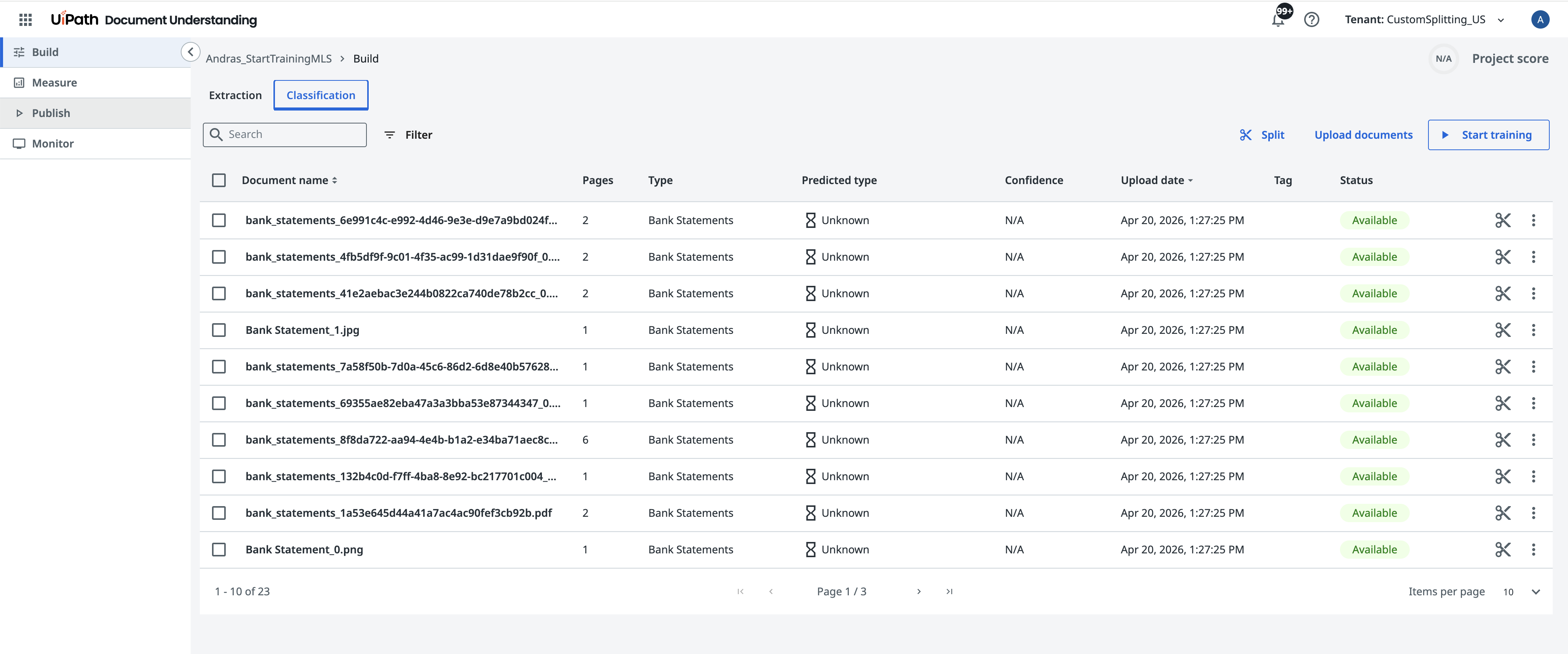 Start Training button on the Helix Classifier Split & Classify page