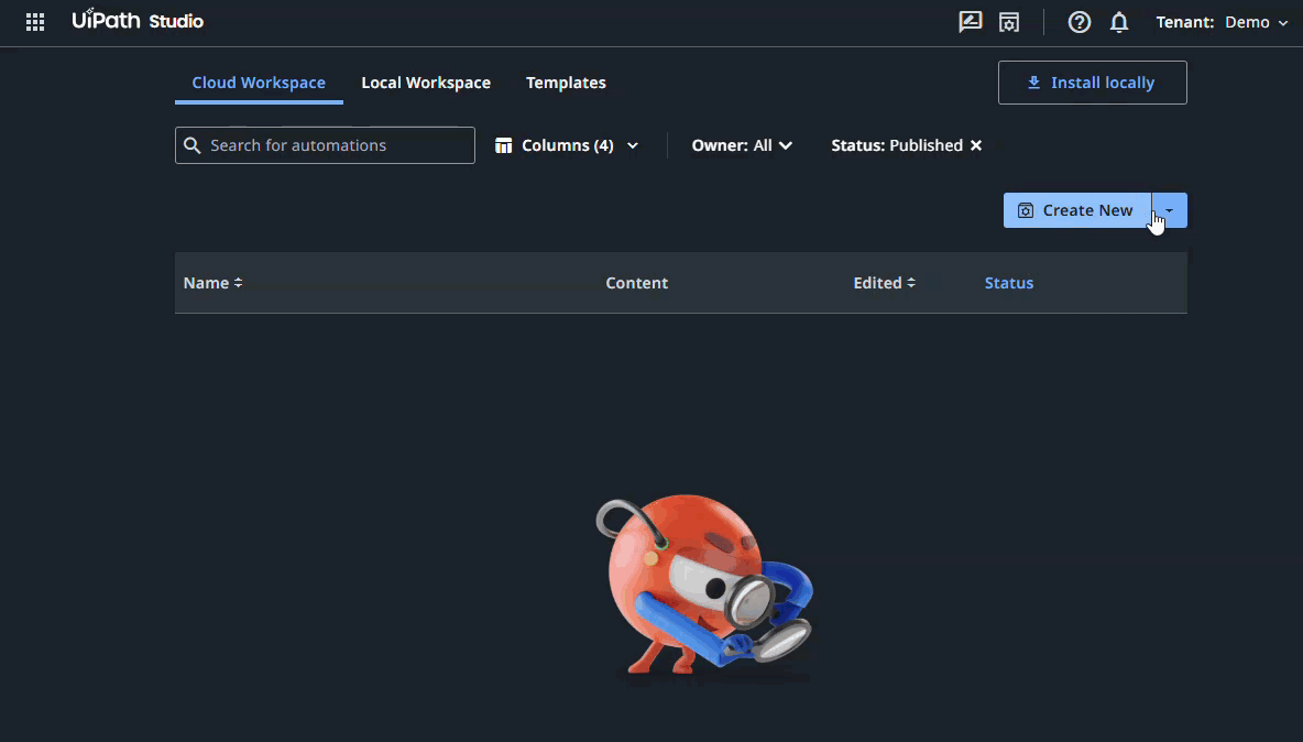 Studio new project selection GIF