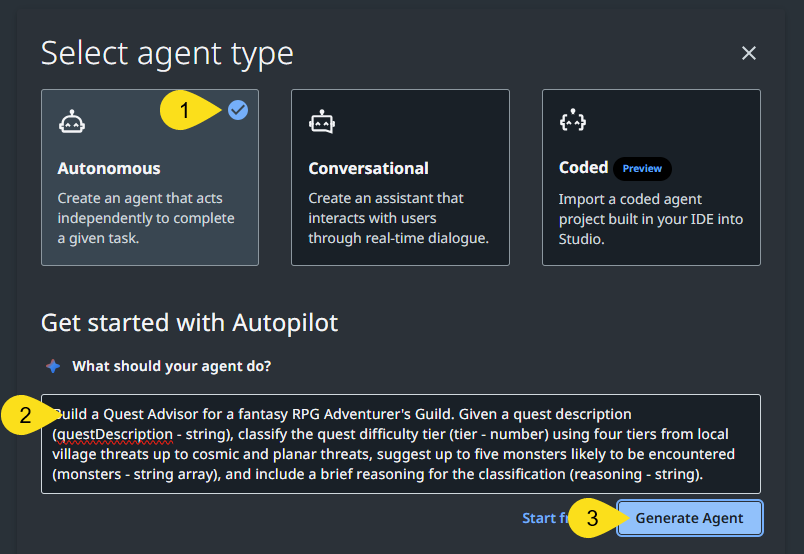 Studio Web new project dialog with Agent type selected