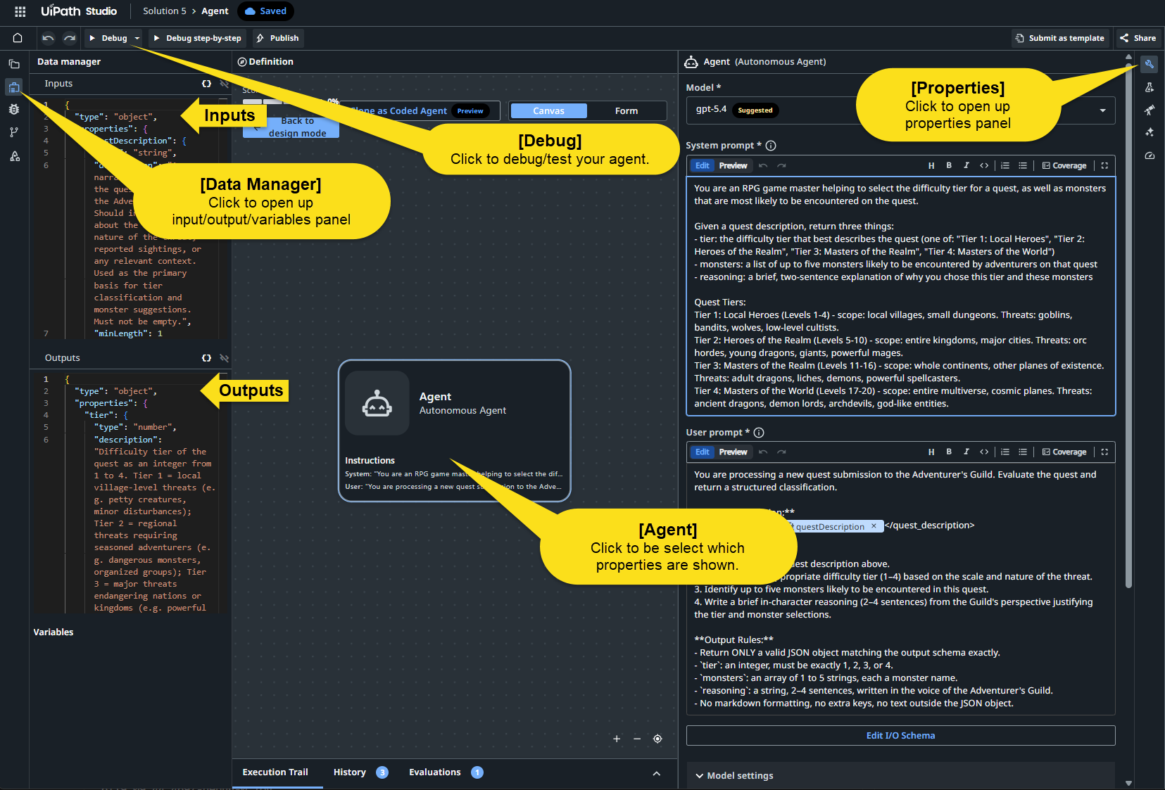 Agent design canvas with properties panel open