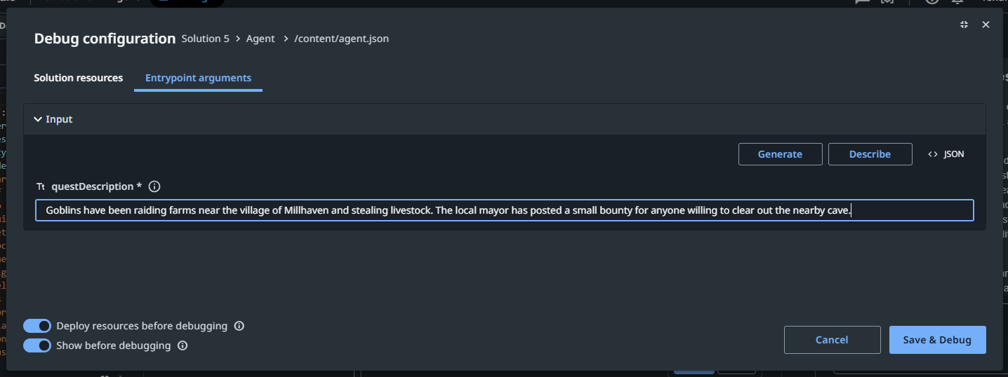 Debug panel with quest description pasted in the input field