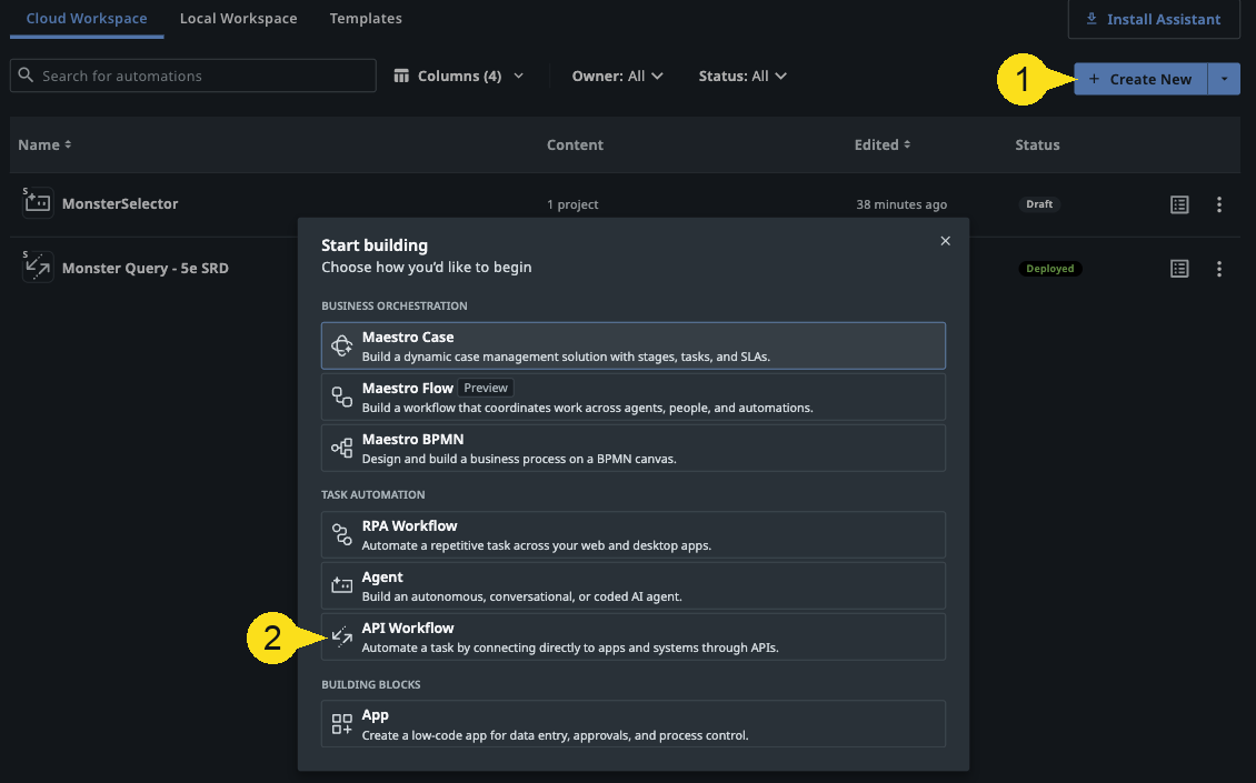 Start building dialog opened from Create New, with API Workflow listed under Task automation