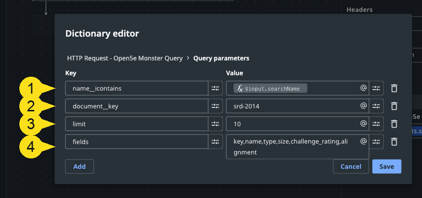 Dictionary editor showing the four query parameters, with name__icontains bound to the searchName chip and document__key set to srd-2014