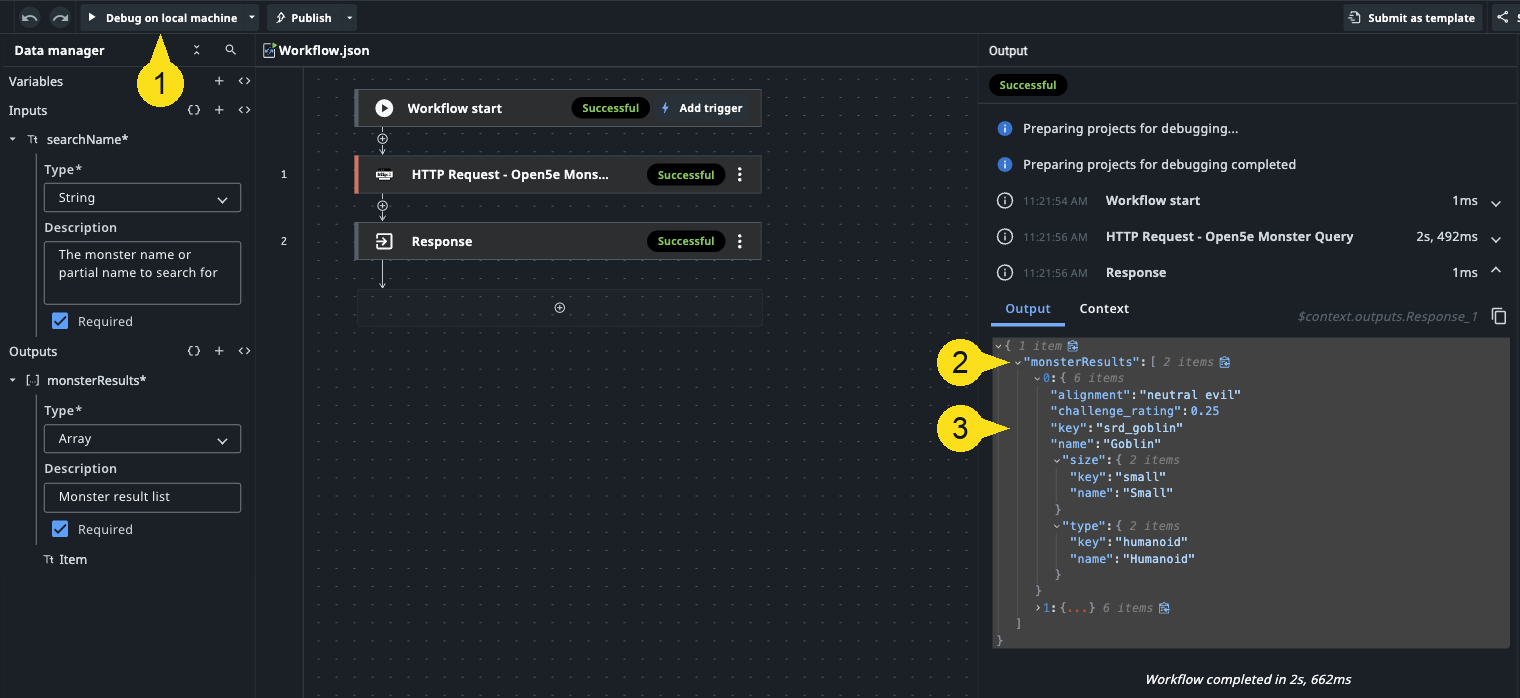 Debug output showing the monsterResults array with key srd_goblin, challenge_rating 0.25, and nested type and size objects