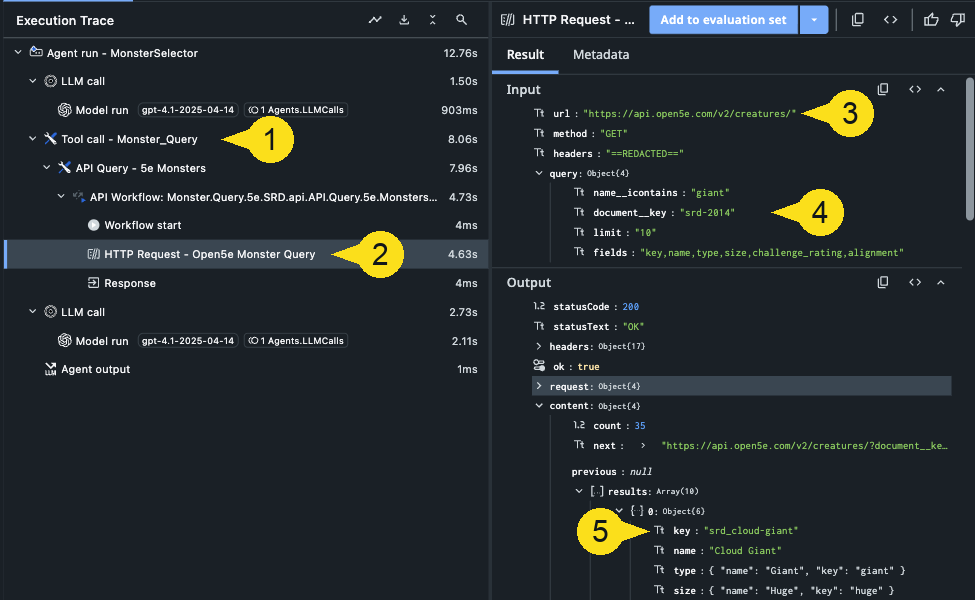 Execution trace with the HTTP Request span selected, showing the v2/creatures URL, the query parameters, and a results entry keyed srd_cloud-giant