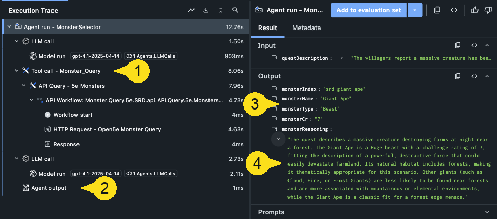 Agent output showing all five fields populated, with monsterIndex srd_giant-ape and a full monsterReasoning explanation