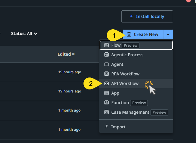 Studio Web new project dialog with API Workflow type selected