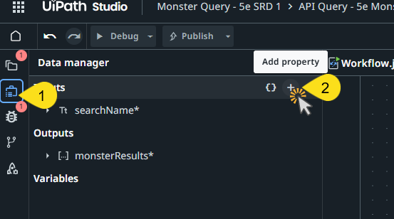 Data Manager panel before adding arguments