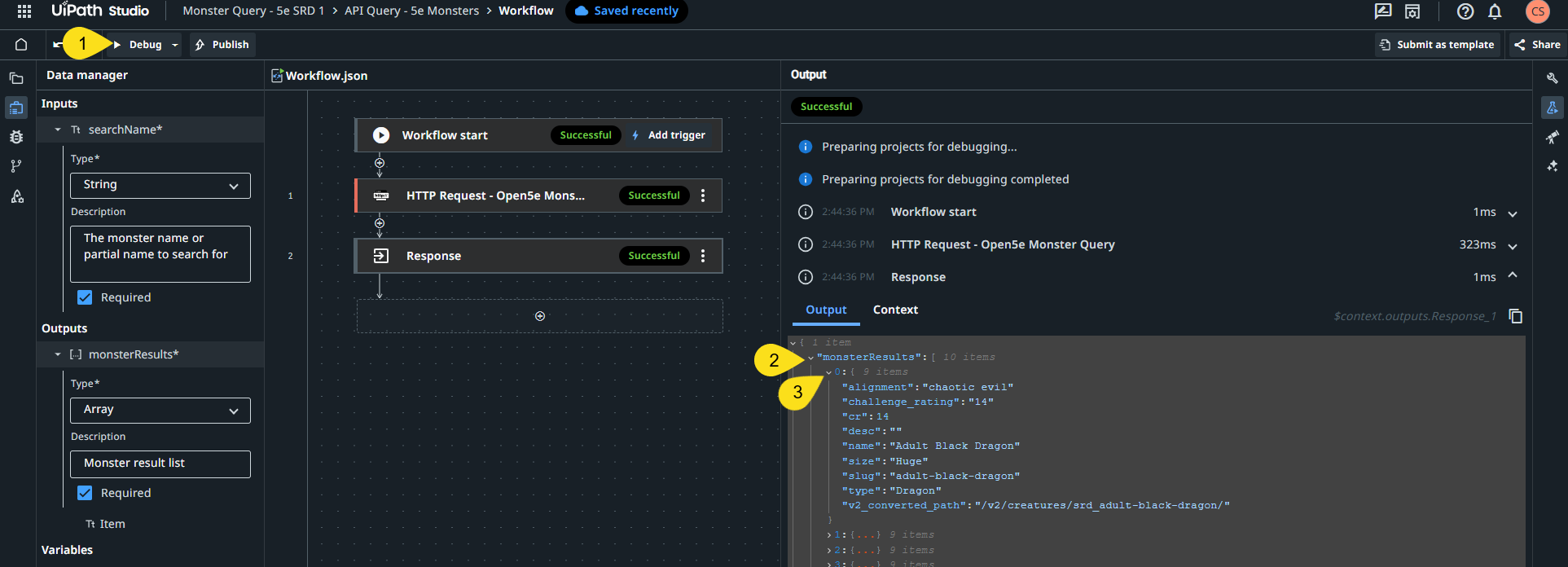 Debug output showing monsterResults array with entries