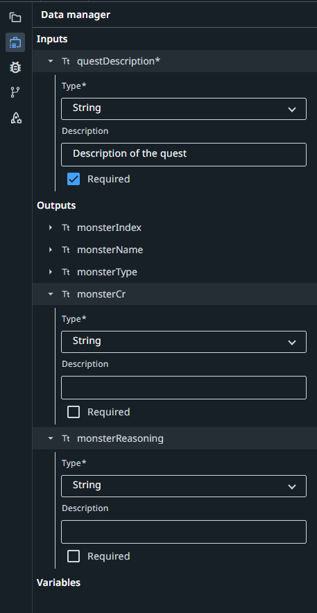 Input schema with only questDescription and output schema with five fields configured